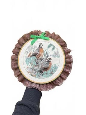 Vintage Handmade Decorative Wall Hanging with Quail and Lace Trim Cottagecore
